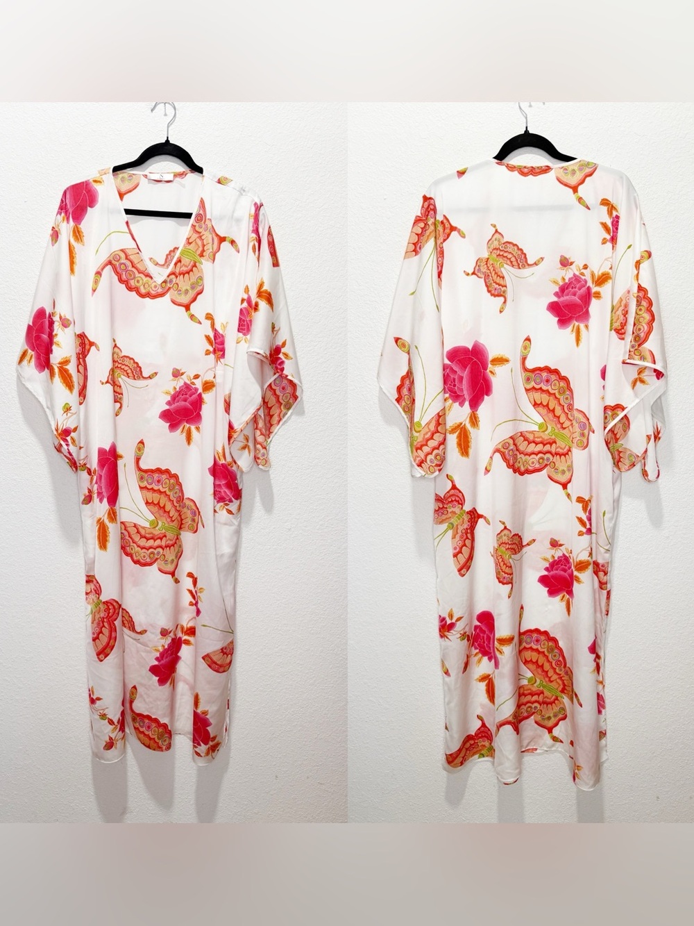 N by Natori Papillion Garden White and Pink Flowers and Butterflies Caftan